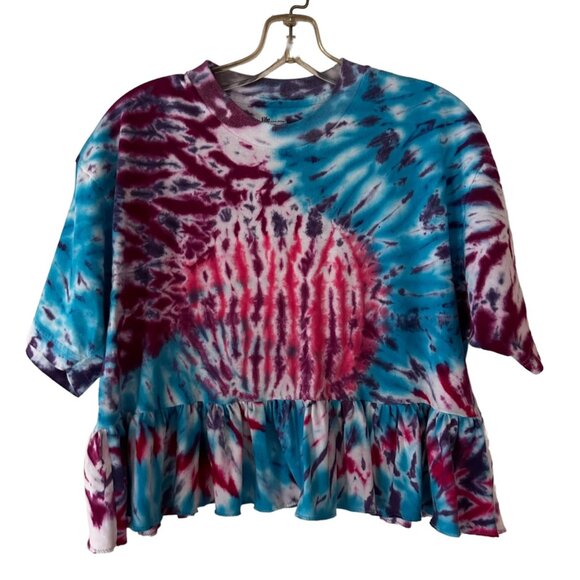 Jockey Tops - Custom Ruffled Cropped Jockey Tie Dye Tee Shirt L Blue Purple Upcycled Rebuilt